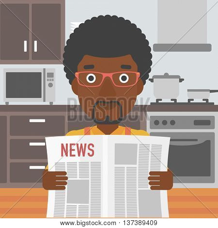 An african-american man reading the newspaper on the background of kitchen vector flat design illustration. Square layout.