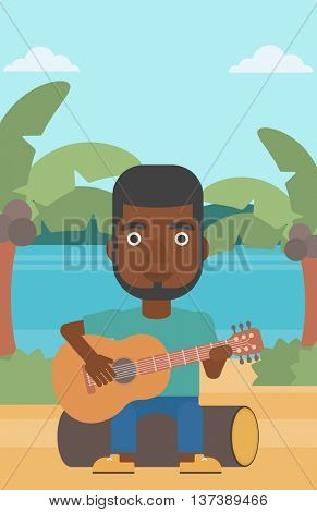 An african-american man sitting on a log and playing a guitar on the background of tropical beach with palm trees and the sea vector flat design illustration. Vertical layout.