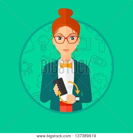 Young woman holding a smartphone and wearing on wrist her smart watch. Synchronization between smart watch and smart phone. Vector flat design illustration in the circle isolated on background.