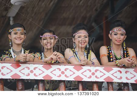 Sipitang Sabah Malaysia - Aug 30 2014:Murut lady in traditional costume decorated with colorful beads during folklore festival in Sipitang Sabah.Murut is among the largest ethnic group in Sabah interior.