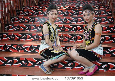 Sipitang Sabah Malaysia - Aug 30 2014:Murut lady in traditional costume decorated with colorful beads during folklore festival in Sipitang Sabah.Murut is among the largest ethnic group in Sabah interior.