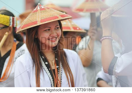 SIPITANG SABAH MALAYSIA - August 30 2014 : Lundayeh lady in their traditional costume during folklore festival call GaTa festival in Sipitang Sabah Malaysia. Lundayeh tribe is one of Sabah ethnic mostly reside in the interior.