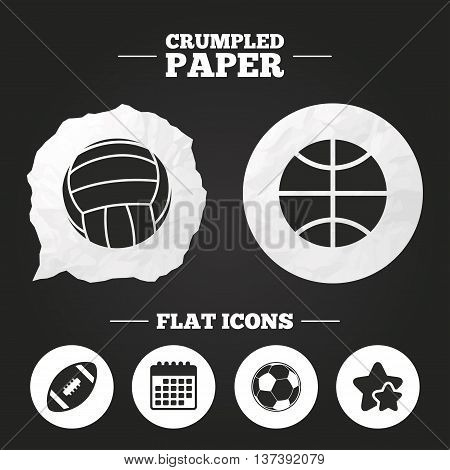 Crumpled paper speech bubble. Sport balls icons. Volleyball, Basketball, Soccer and American football signs. Team sport games. Paper button. Vector
