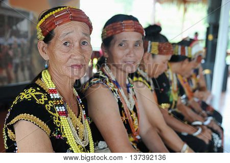 Sipitang Sabah Malaysia - Aug 30 2014:Murut lady in traditional costume decorated with colorful beads during folklore festival in Sipitang Sabah.Murut is among the largest ethnic group in Sabah interior.