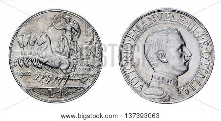 One Lira Silver Coin 1912 Quadriga Veloce Vittorio Emanuele III Kingdom of Italy isolated on white, Mint of rome