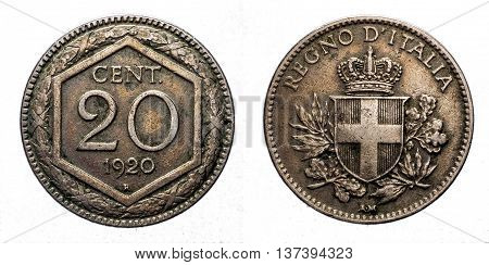 Twenty 20 cents Lire Silver Coin 1920 Exagon on front and Crown Savoy Shield on back, Vittorio Emanuele III Kingdom of Italy isolated on white, Mint of rome