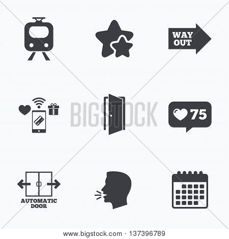 Train railway icon. Automatic door symbol. Way out arrow sign. Flat talking head, calendar icons. Stars, like counter icons. Vector