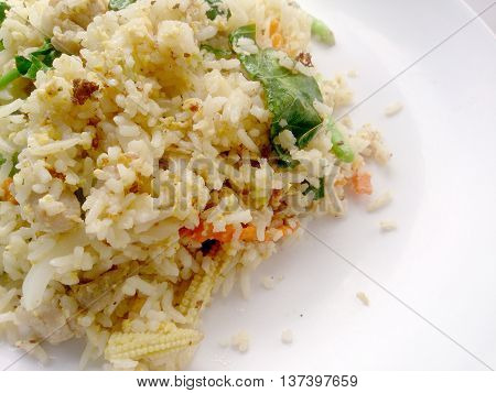 Thai Fried Rice With Pork On White Dish Have Lemon And Chilli Fish Sauce For Flavour