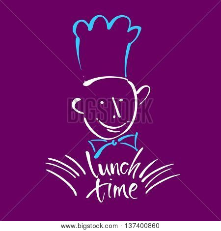 CHEF-COOK with handwritten lettering LUNCH TIME. Hand drawing chef-cook, handmade text lunch-time.Concept logo design for restaurant, cafe, chief-cooker, chef, lunch time.Vector Illustration. 