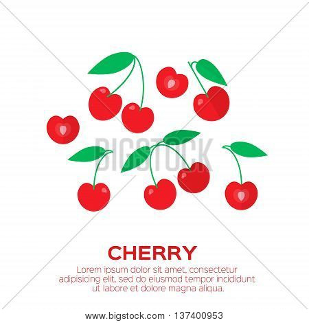 Cherry. Cherry berry with leaves. Collection of different fresh cherry berries on white background. Vector Illustration.