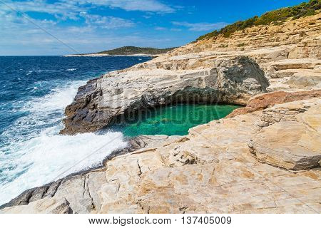 Giola natural sea water pool located on Thassos island, Greece