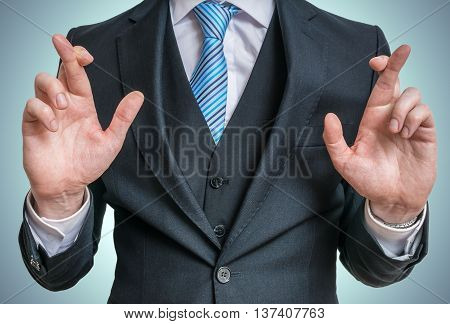 Businessman Has Crossed Fingers Behind His Back. Good Luck Or Di