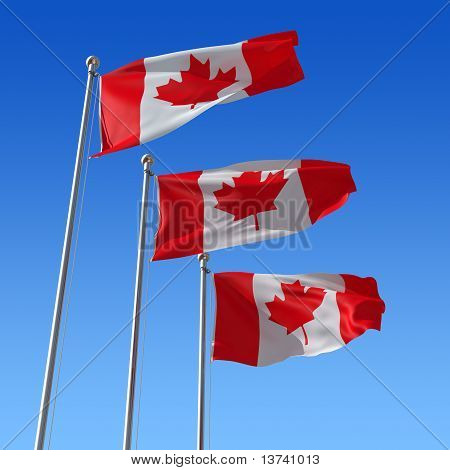 Drie vlaggen van Canada tegen blauwe hemel. 3D illustratie.
