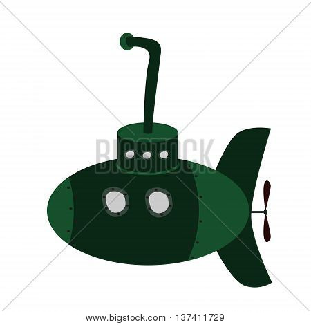 Green military submarine with periscope. Cartoon style vector illustration. Isolated on white background.