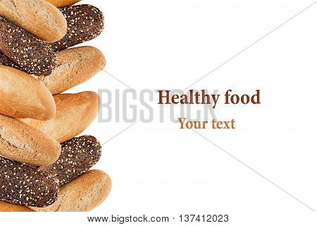 Baguette bread of different varieties on a white background. Rye wheat and whole grain bread. Isolated. Decorative frame of bread. Food background. Copy space.