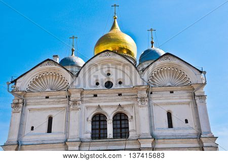 Arkhangel's church in winter with blue sky background. Moscow Kremlin