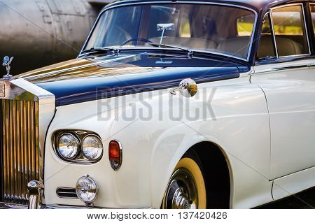 MINSK BELARUS - MAY 07 2016: Close-up photo of Rolls Royce. Close-up of luxury retro car. Selective focus.