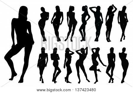Black silhouette of beautiful woman in different standing positions.