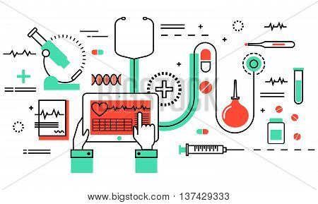 Modern flat thin line design vector illustration, concept of medicine and healthcare, health control and medical equipment objects for graphic and web design
