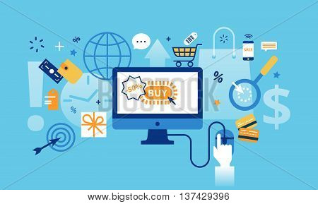 Modern flat thin line design vector illustration, concept of online shopping, internet sales with retail and commerce elements for graphic and web design