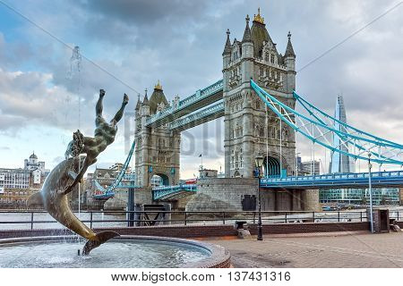 Twinlight view of Tower Bridge in London in the late afternoon, England, United Kingdom