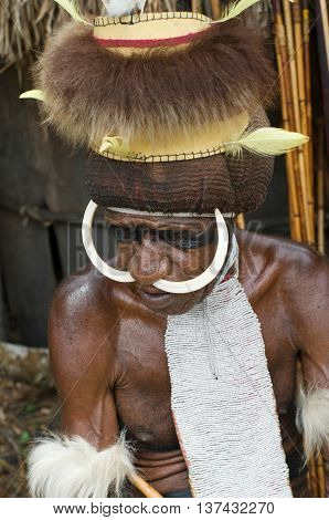 Warrior Of A Papuan Tribe In Traditional Clothes