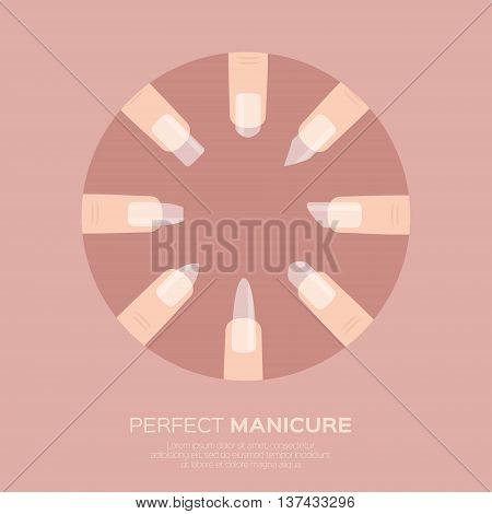 Different nail shapes icons. Woman fingers. Fingernails fashion trends. Types of fashion nail shapes. Vector design illustration on pastel background