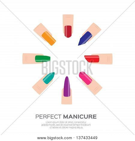 Different colorful nail shapes icons. Woman fingers. Fingernails fashion trends. Types of fashion nail shapes. Vector design illustration on pastel background