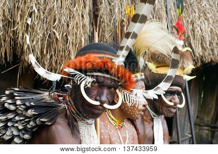 PAPUA PROVINCE INDONESIA -DEC 28: Unidentified people of a Papuan tribe in traditional clothes and coloring in New Guinea Island Indonesia on December 28 2010