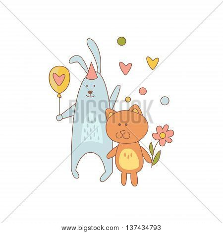 Cat And Rabbit Characters On Birthday Party Light Color Flat Cute Illustration In Childish Outlined Vector Design