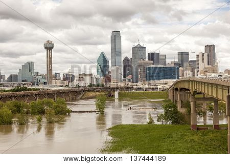 Dallas downtown skyline view with the Trinity River in foreground.Texas United States