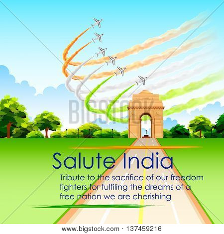 illustration of airplane making Indian tricolor flag around India Gate for Republic Day and Independence Day celebration