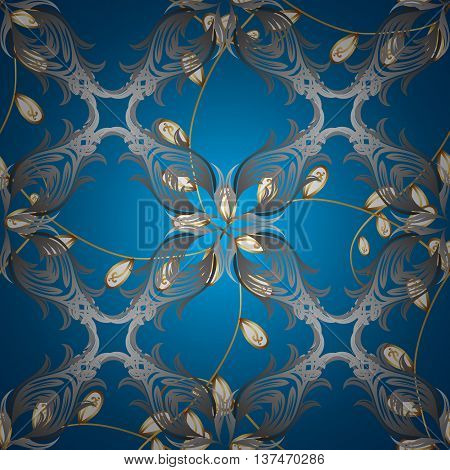 Vintage pattern on blue radient background with golden and silver elements.