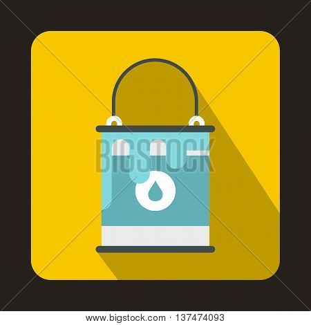 Bucket with blue paint icon in flat style on a yellow background