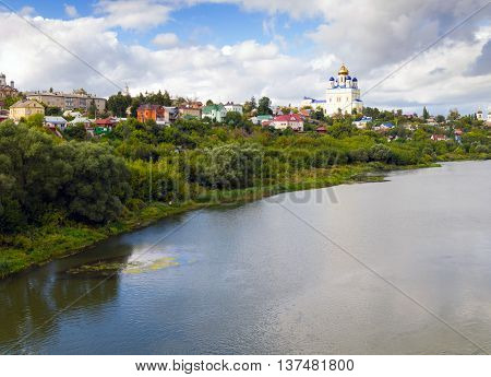 Riverfront Bystraya Sosna and the Ascension (Voznesensky) Cathedral. Yelets Lipetsk region Russia.