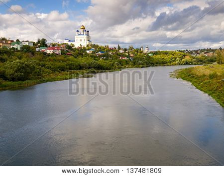 Riverfront Bystraya Sosna and the Ascension (Voznesensky) Cathedral. Yelets Lipetsk region Russia.