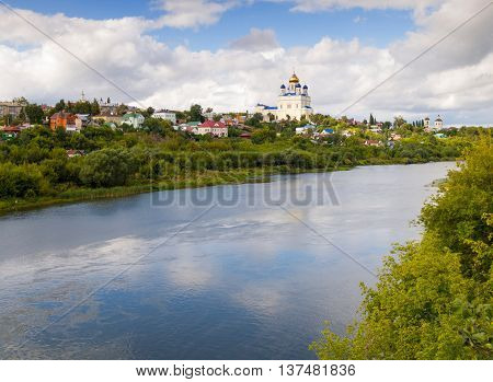 Riverfront Bystraya Sosna and the Ascension (Voznesensky) Cathedral. Yelets Lipetsk region Russia.