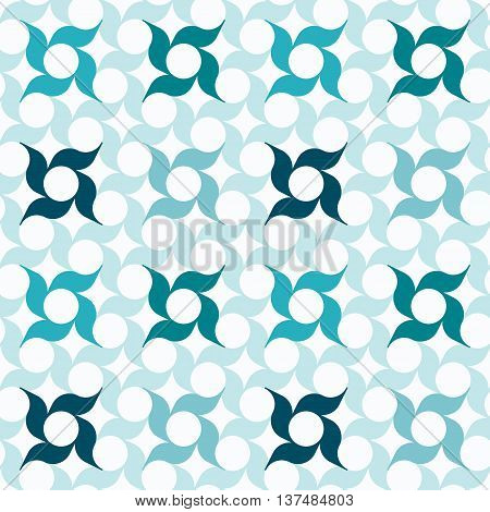 Abstract background with regular pattern of stylized pinwheel-shaped flowers. Seamless repeat.