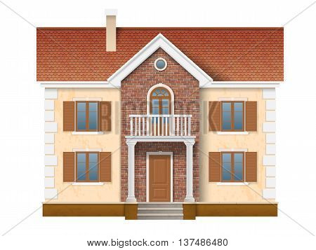 A two story residential house with brick wall and red tile. Entrance to the house is decorated with classical columns.