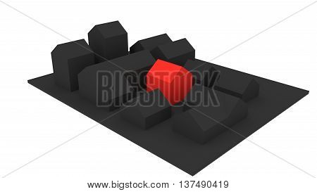 Grey village with houses. One house is highlighted by red color. 3D rendered illustration. Isolated on white background.