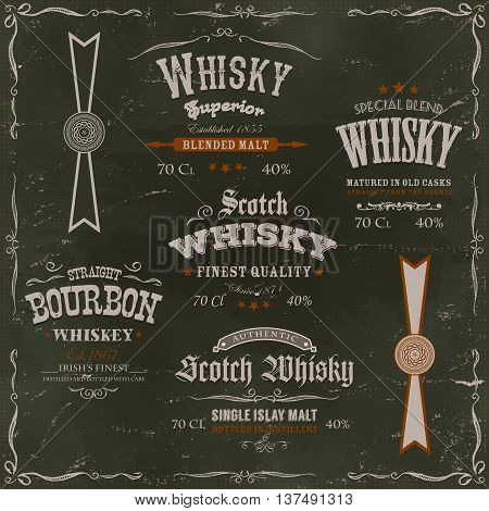 Illustration of a vintage design set of whisky drinks and beverage labels with textures celtic patterns and label for bottle on chalkboard background