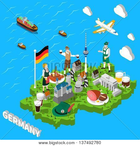 Germany isometric cultural sightseeing map for tourists with traditional national cuisine and landmarks symbols  abstract vector illustration