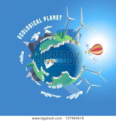 Little planet vector illustration. Eco world 3d land. Isolated design elements - wind solar power green nature