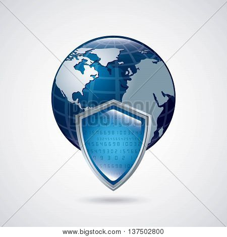 Security system design represented by blue shield and planet icon. Colorfull illustration.