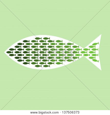 School of fish in shape of a big fish. Isolated vector illustration.