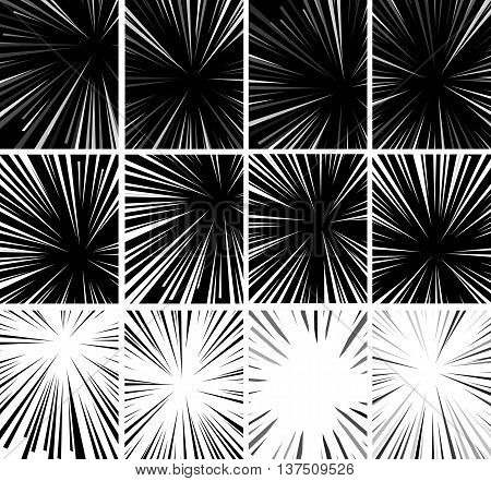 Comic book superhero pop art style black and white radial lines background. Manga or anime speed frame. Big collection of Explosion.