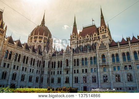Hungarian Parliament in Budapest. Neogothic building, architectural details.