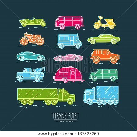 Set of transport icons in flat style car moto truck scooter drawing with color on dark blue background