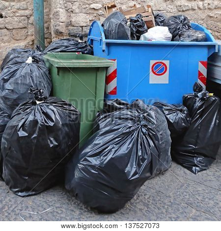 Uncollected Overfilled Waste Garbage in Naples Italy