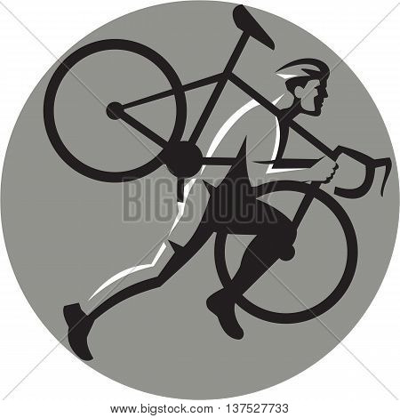 Illustration of a cyclocross athlete running carrying bicycle on shoulder viewed from the side set inside circle on isolated background done in retro style.